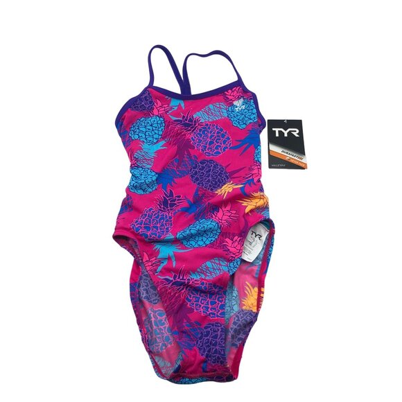 TYR Girls Panama Valleyfit One Piece Swimsuit Open Back Pineapples Pink Blue 26 - Picture 2 of 9